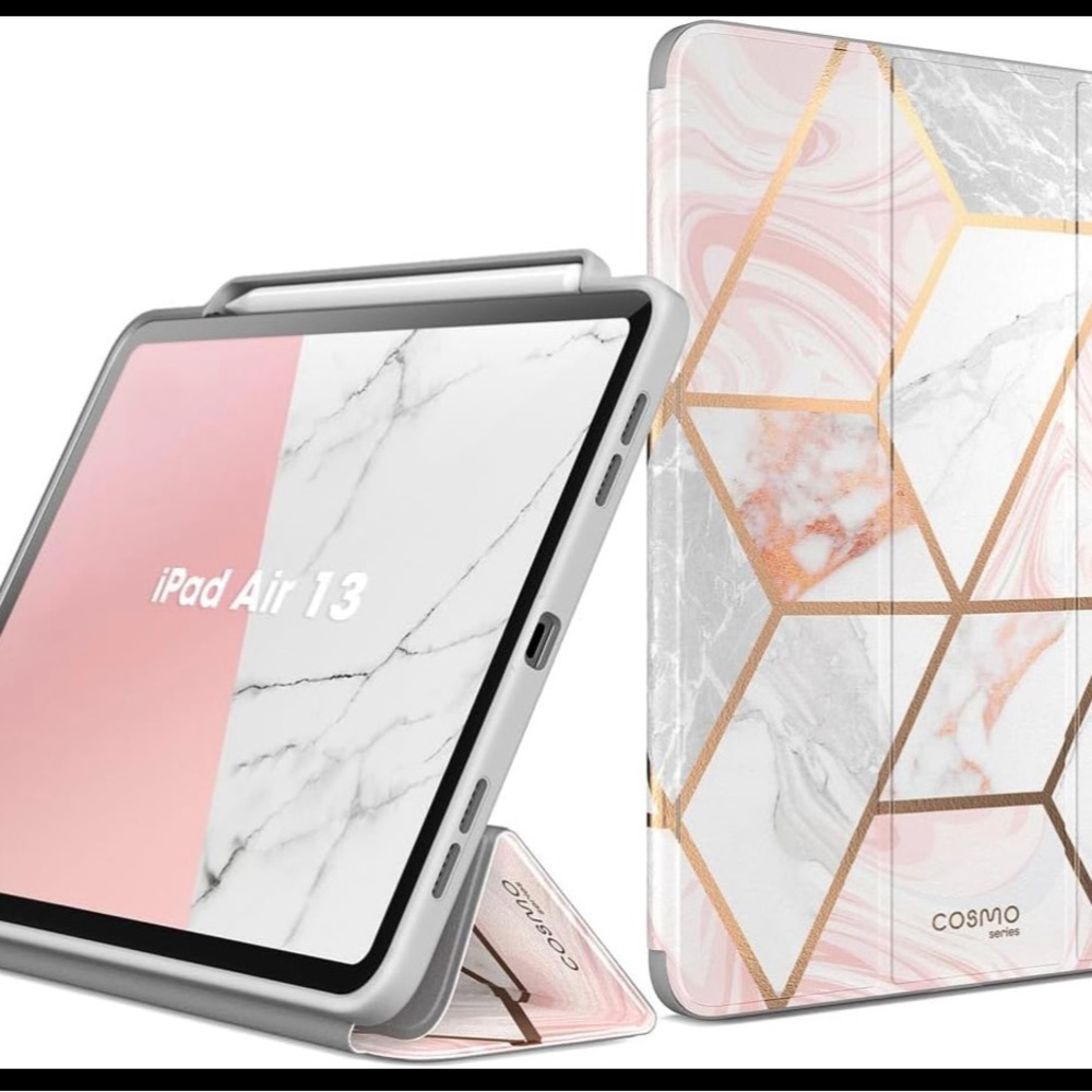 Apple iPad Air 13 inch Case Pencil Holder Trifold Pink Marble NEW